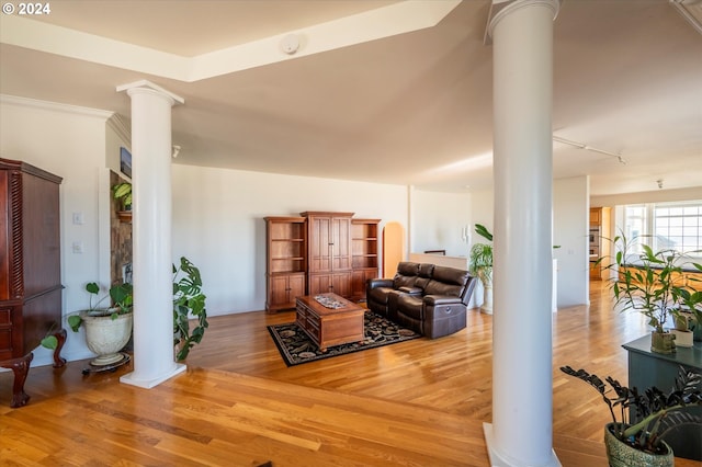 living room with wood-type flooring and decorative columns