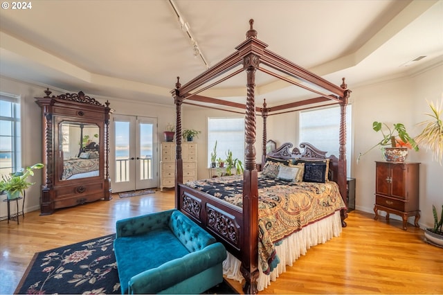 bedroom with french doors, light hardwood / wood-style flooring, multiple windows, and track lighting