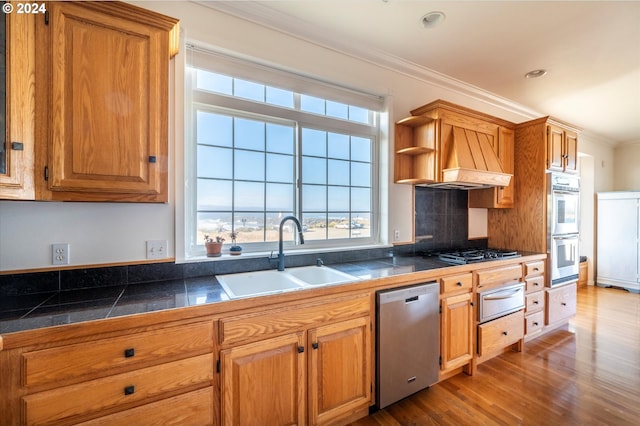 kitchen featuring ornamental molding, sink, hardwood / wood-style flooring, stainless steel appliances, and custom range hood