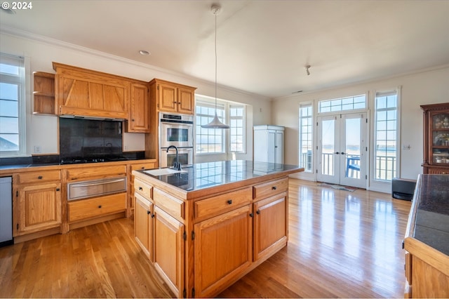 kitchen with pendant lighting, a center island with sink, light hardwood / wood-style flooring, and a wealth of natural light