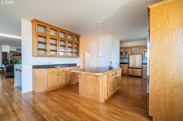 kitchen with a sink, glass insert cabinets, a kitchen island with sink, and wood finished floors