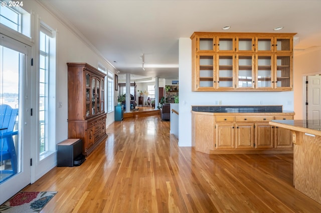kitchen featuring glass insert cabinets, light wood-type flooring, and plenty of natural light