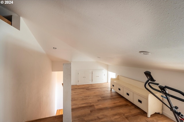 interior space with a textured ceiling, lofted ceiling, and hardwood / wood-style floors