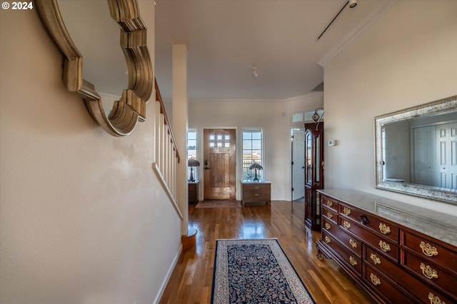 foyer with crown molding and dark wood-style flooring