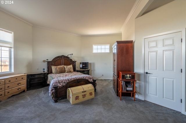 carpeted bedroom featuring ornamental molding