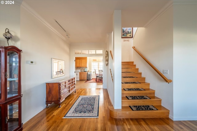 stairway with wood-type flooring and ornamental molding