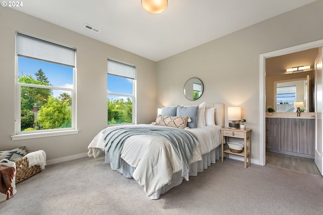 bedroom with multiple windows, light carpet, and ensuite bath