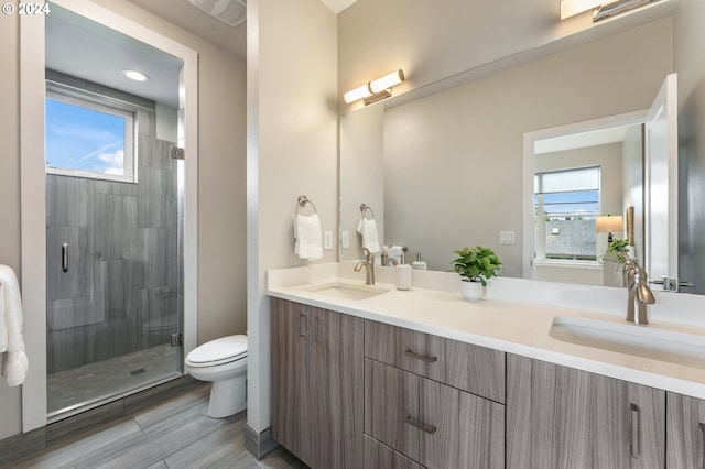 bathroom featuring vanity, an enclosed shower, and toilet