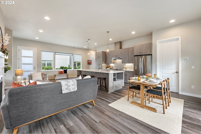 living room with dark hardwood / wood-style flooring and sink