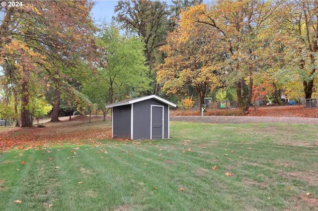 view of yard featuring a storage unit