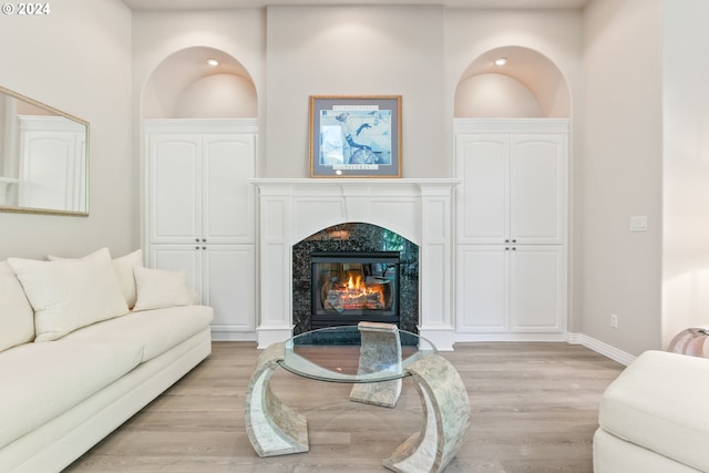 living room featuring a premium fireplace and light hardwood / wood-style flooring