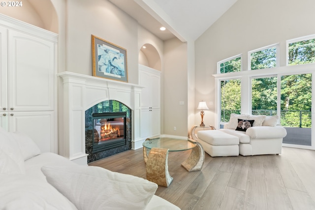 living room with a wealth of natural light, high vaulted ceiling, and light hardwood / wood-style floors