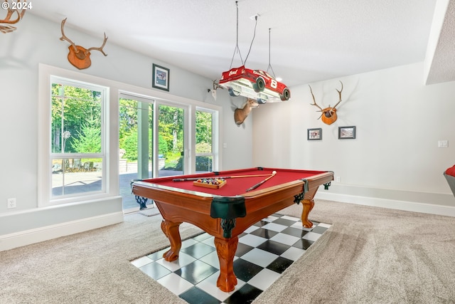 playroom with carpet floors, plenty of natural light, and pool table