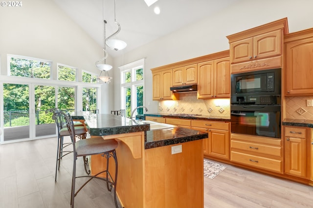 kitchen featuring sink, an island with sink, pendant lighting, decorative backsplash, and black appliances