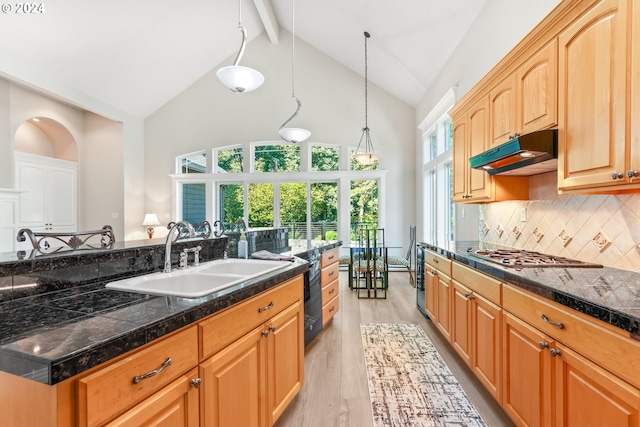 kitchen featuring backsplash, hanging light fixtures, sink, light hardwood / wood-style flooring, and stainless steel gas cooktop