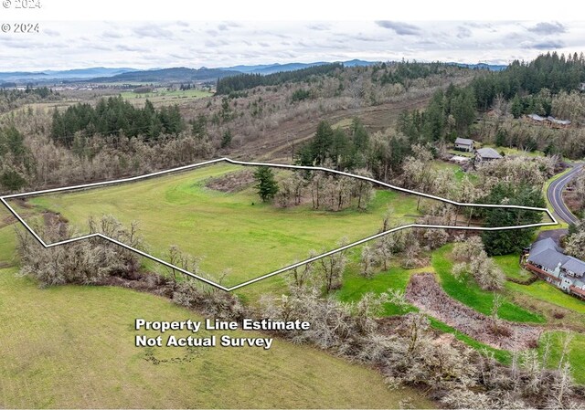 bird's eye view featuring a rural view and a mountain view