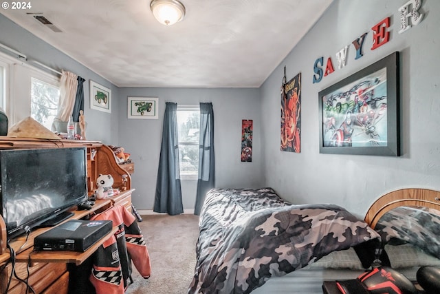 carpeted bedroom with multiple windows