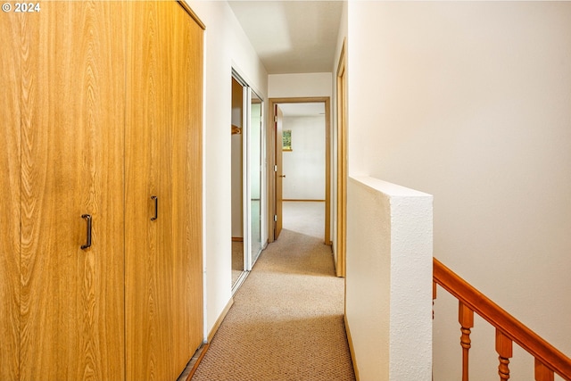 corridor featuring light colored carpet