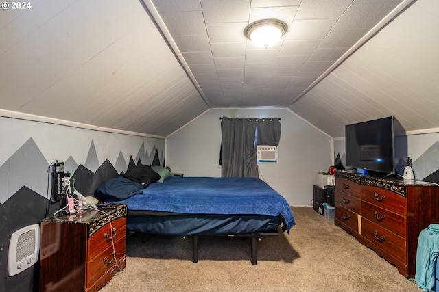 carpeted bedroom featuring lofted ceiling