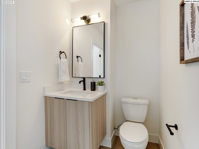 bathroom featuring toilet, large vanity, and hardwood / wood-style flooring