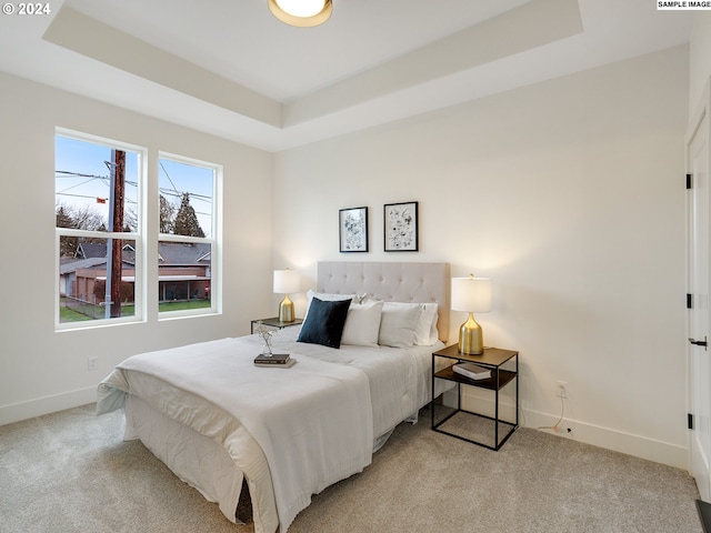 carpeted bedroom with a tray ceiling and multiple windows