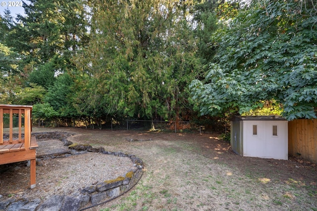 view of yard featuring a storage unit