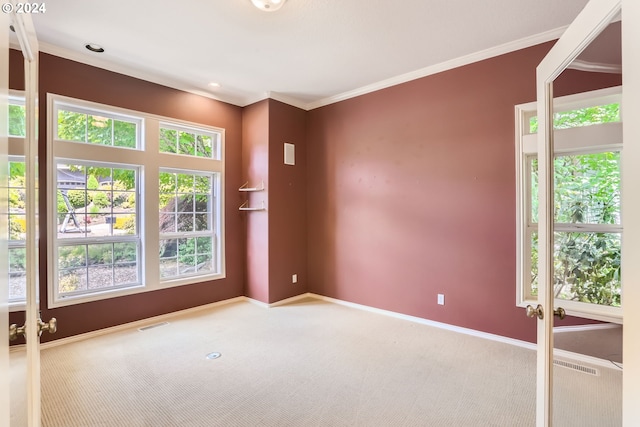 carpeted empty room with ornamental molding