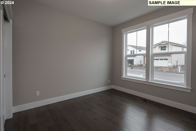 unfurnished room with dark wood-type flooring