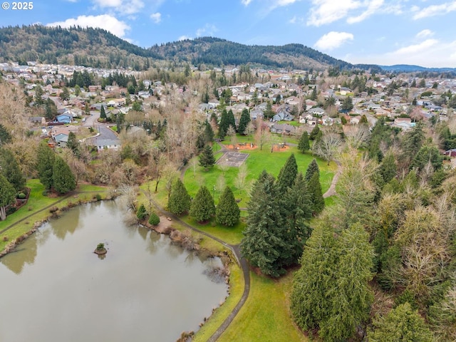 bird's eye view featuring a water and mountain view