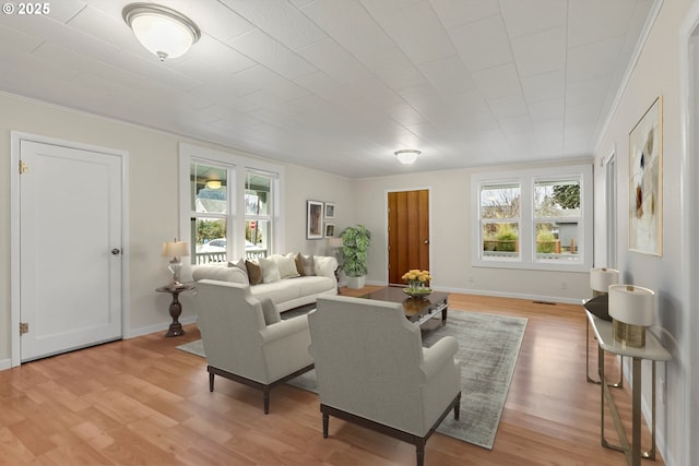 living room with light hardwood / wood-style flooring, crown molding, and a wealth of natural light