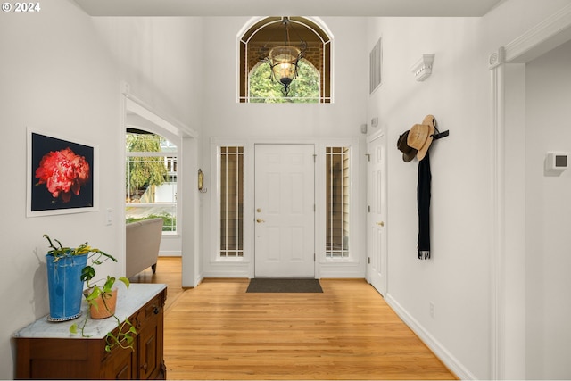 entryway with a high ceiling and light hardwood / wood-style flooring