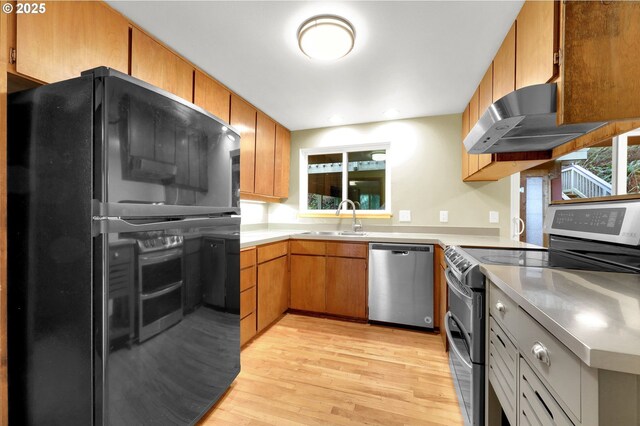 kitchen featuring sink, light hardwood / wood-style floors, plenty of natural light, and appliances with stainless steel finishes