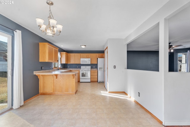 kitchen with kitchen peninsula, a kitchen breakfast bar, white appliances, pendant lighting, and light brown cabinets