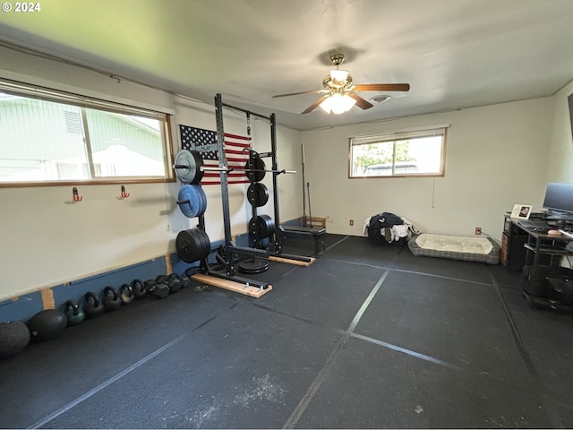 exercise area featuring ceiling fan