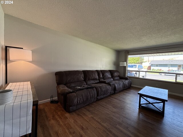 living room featuring dark wood-type flooring and a textured ceiling