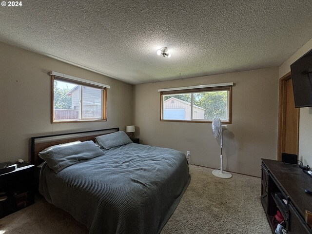 bedroom featuring a textured ceiling, carpet floors, and multiple windows