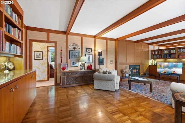 interior space with beam ceiling and light parquet flooring