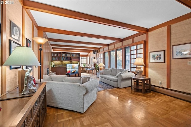 living room featuring beam ceiling and light parquet flooring