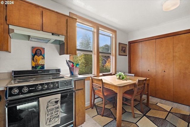 kitchen with electric range oven and light wood-type flooring