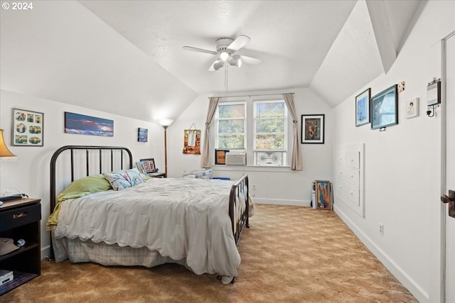 carpeted bedroom with ceiling fan, cooling unit, and lofted ceiling