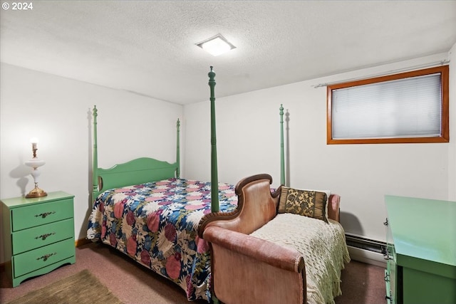 carpeted bedroom with a textured ceiling and a baseboard radiator