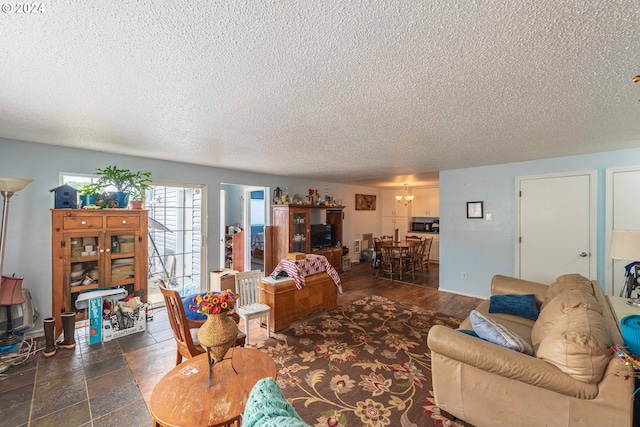 living room with a textured ceiling