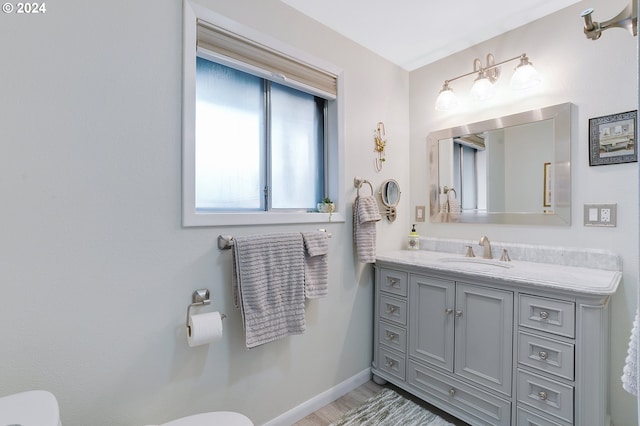 bathroom with hardwood / wood-style floors and vanity