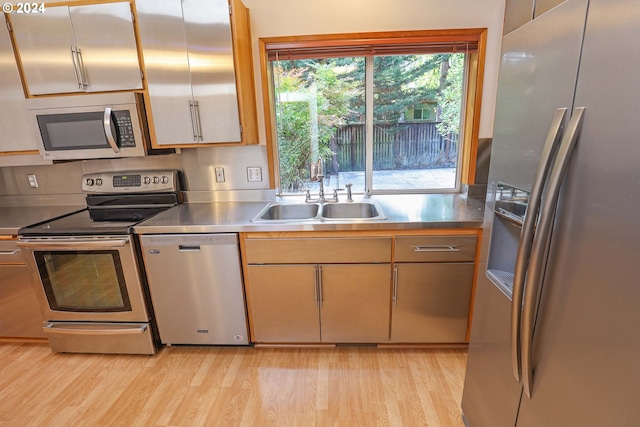 kitchen featuring stainless steel appliances, stainless steel counters, and light wood-type flooring