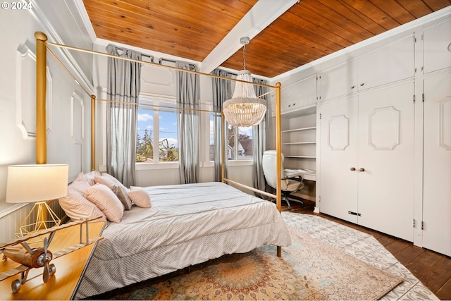 bedroom with dark hardwood / wood-style flooring, ornamental molding, wood ceiling, a notable chandelier, and beamed ceiling