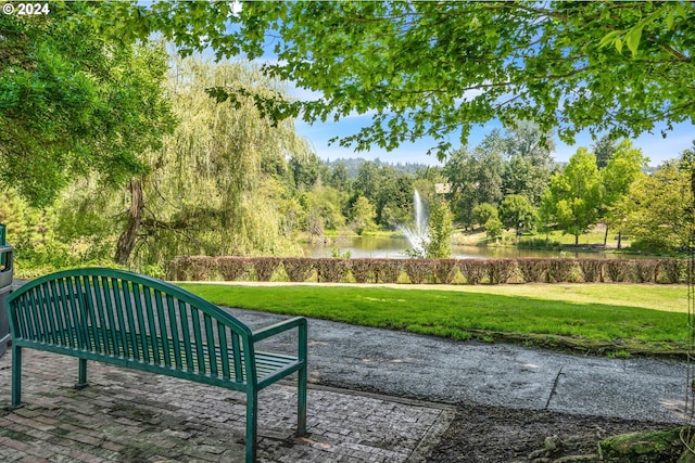 view of community with a water view and a lawn