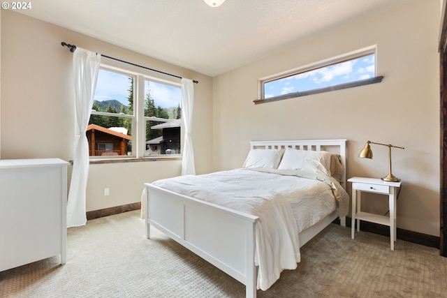 bedroom with light colored carpet