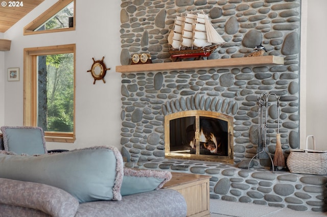 79274 Ray Brown Rd, Arch Cape, OR 97102 - living room featuring wooden ceiling, a stone fireplace, and lofted ceiling