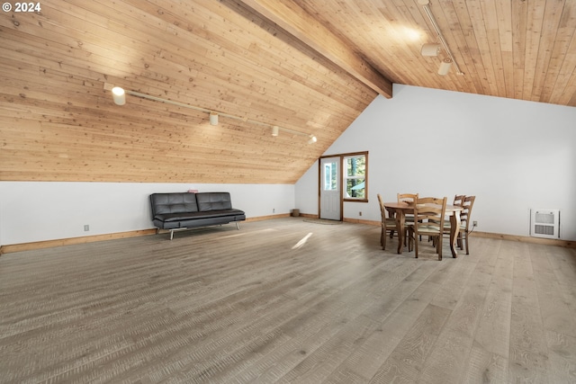 79274 Ray Brown Rd, Arch Cape, OR 97102 - interior space featuring beamed ceiling, heating unit, high vaulted ceiling, and wooden ceiling