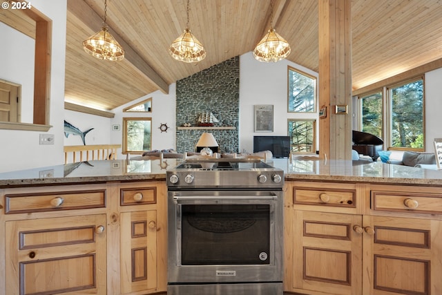79274 Ray Brown Rd, Arch Cape, OR 97102 - kitchen with light stone counters, lofted ceiling with beams, pendant lighting, high end stainless steel range, and wood ceiling